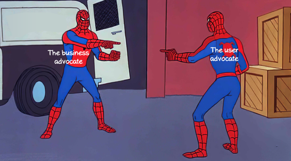 The business advocate and the user advocate | How Might We The business advocate versus the user advocate