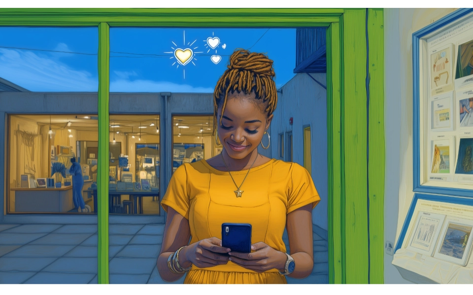 Lady looking into her phone, having an emotional experience