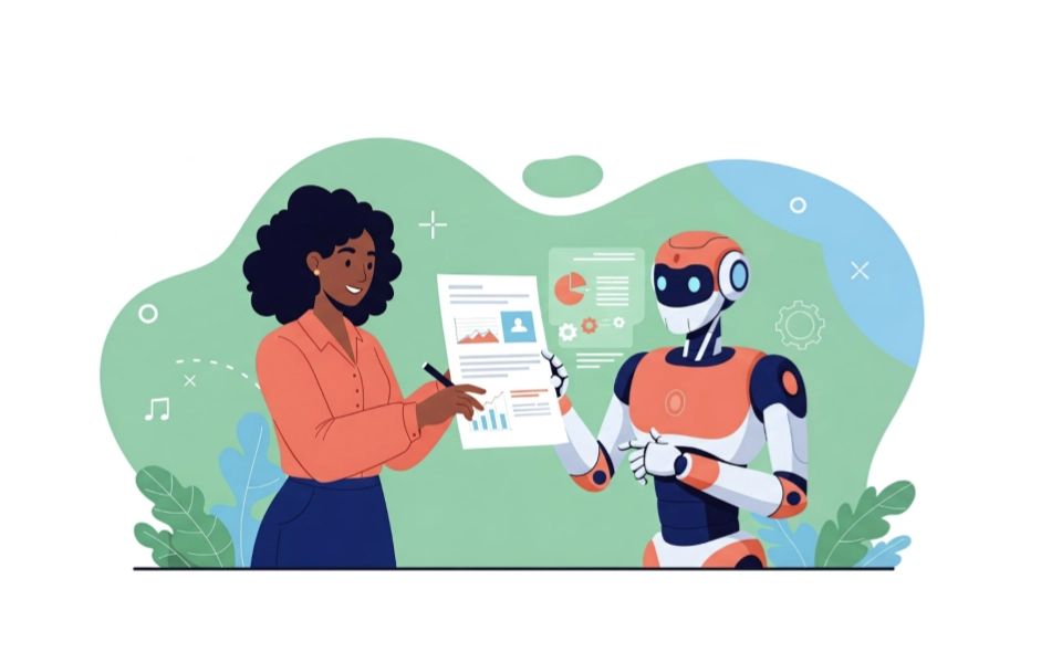 Woman working together with a robot to edit a document with graphs.