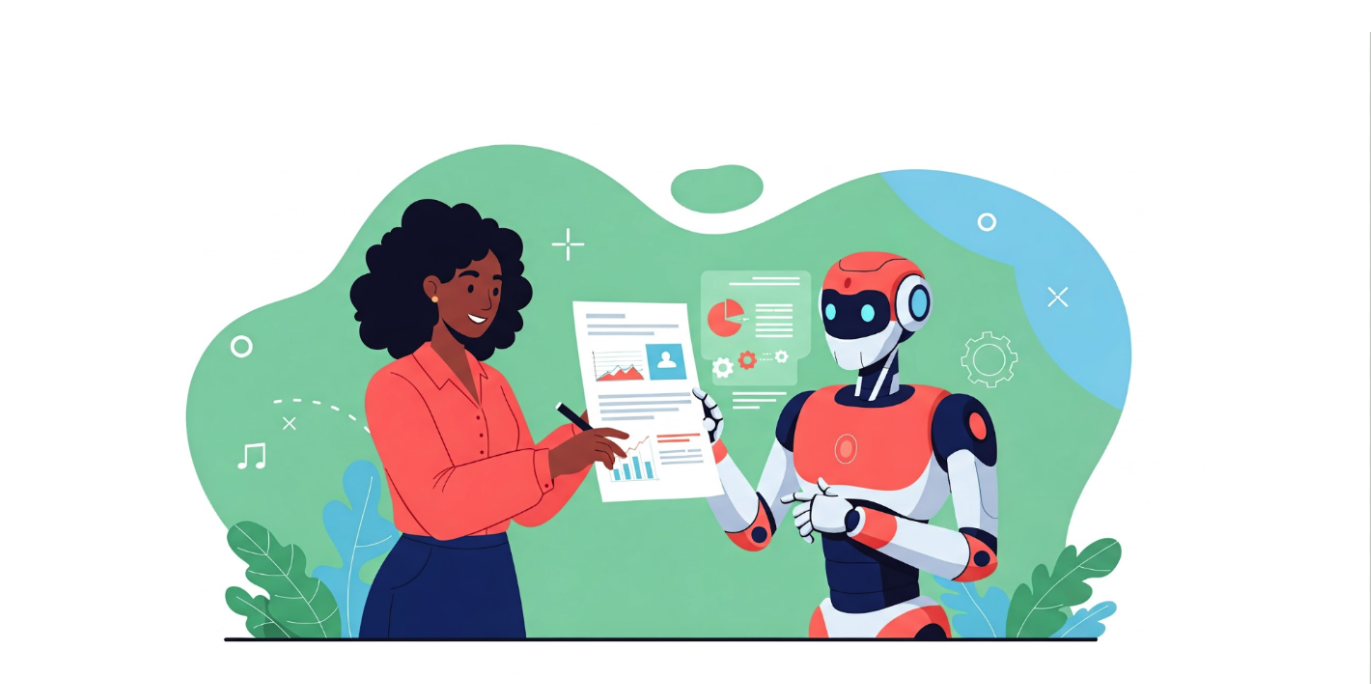 Woman working together with a robot to edit a document with graphs.