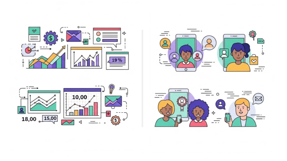 An image showing computers, graphs and numbers on the left but people and speech bubbles on the right