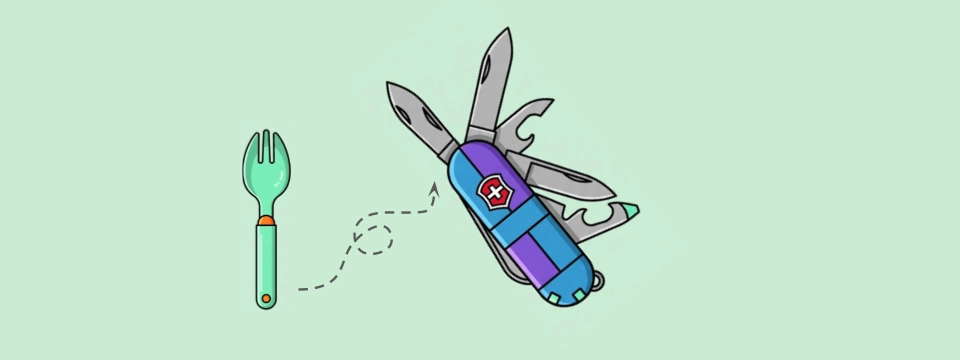 A green spork with a wiggly arrow pointing to a purple and blue Swiss army knife on a mint green background, showing the evolution we want to see for AI in UXR