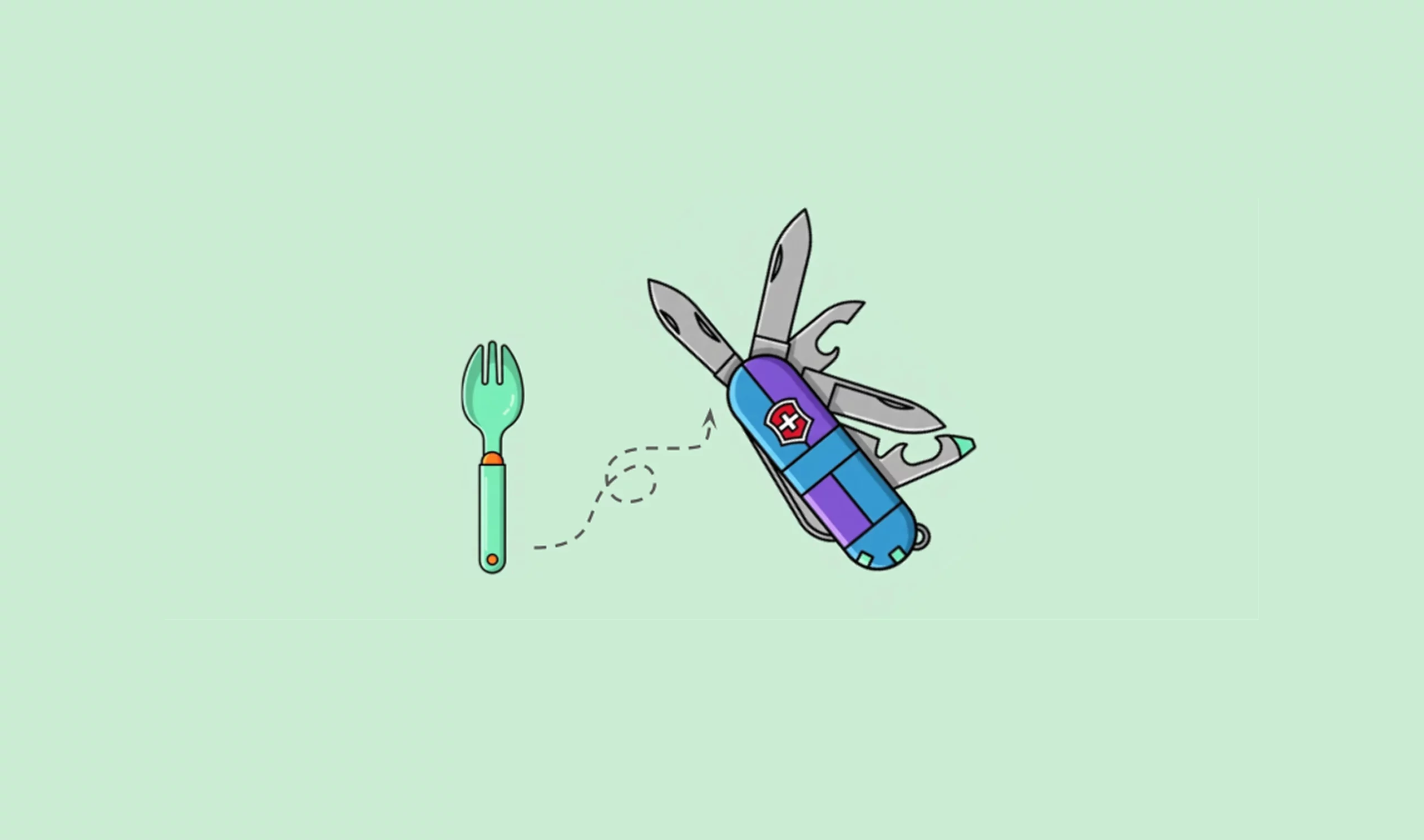 A green spork with a wiggly arrow pointing to a purple and blue Swiss army knife on a mint green background, showing the evolution we want to see for AI in UXR