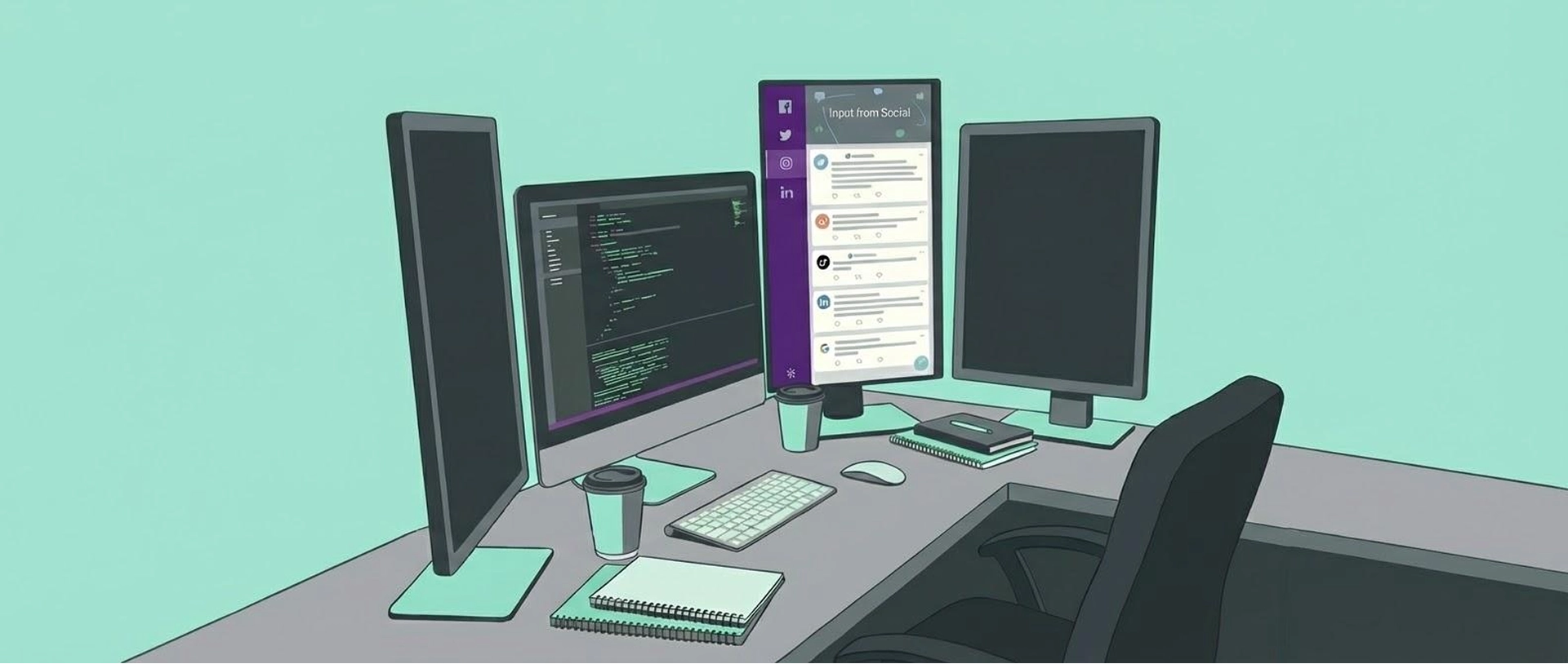 A desk with 4 computer monitors on them. One shows code while the other shows a feed of messages and reactions from social media.