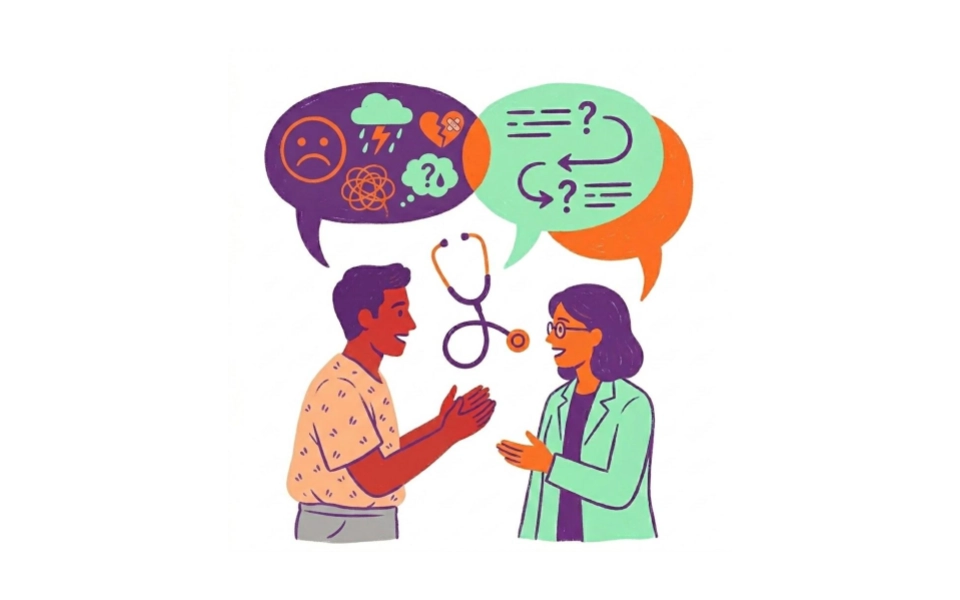 Two people are ahving a conversation. A woman is in a lab coat with a speech bubble asking questions and another is in casual clothing with a speech bubble showing his emotions.